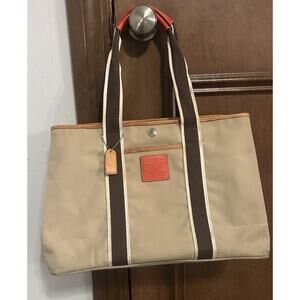 Vintage 2004 Coach Hampton Tote Bag Tan With Red Leather Trim With Dust Bag 6262